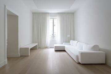 Minimalist white living room with large window