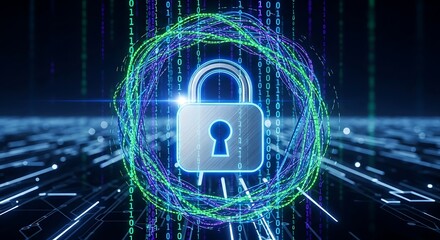 Cybersecurity concept with digital padlock representing data protection and network security