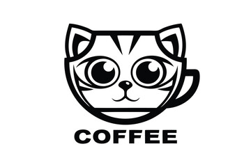Coffee Cup Cat Design Black Stripes Adorable Cartoon Style On White Background
