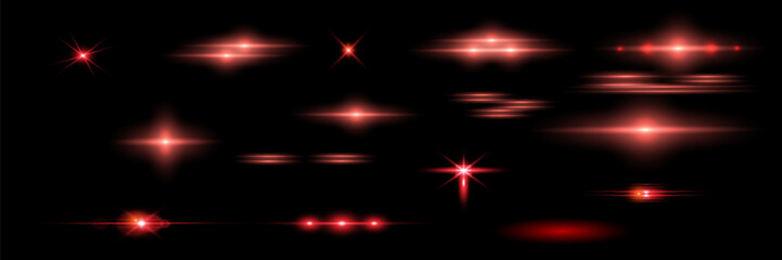 Red light effect reflections, neon illumination in red colors. Bright light lens. Police light effects, lines. Shiny stars, glowing sparks on a black background.