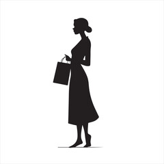 Black Silhouette of an Elegant Woman in Dress Carrying a Paper Bag Side View – Vector Illustration