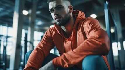 Focused Man in Orange Hoodie, Gym, Reflective Lighting, Strength Training