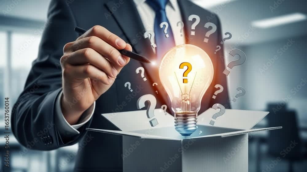Poster businessman pointing pen at lightbulb in box surrounded by question marks in office setting