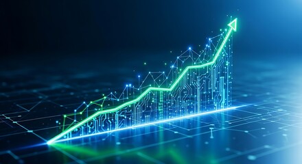 Dynamic tech graph visualization showing upward trend and business growth with glowing circuit lines