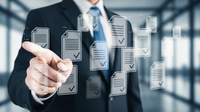 A man in a suit is interacting with digital documents with checkmarks in a futuristic setting