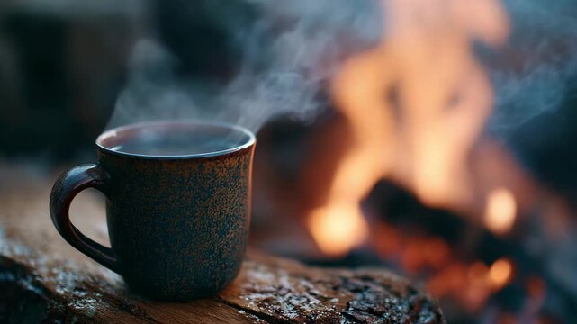A steaming mug of hot drink rests on a rustic wooden surface, blurred flames from a bonfire in the background creating a warm, inviting atmosphere.
