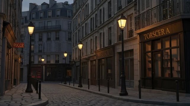 Atmospheric view of a quiet cobblestone street in an old European city at dusk. Empty historic alley with glowing vintage lampposts.
