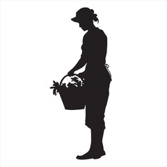 Black Silhouette of a Woman Carrying Her Harvest in a Bucket – Vector Illustration