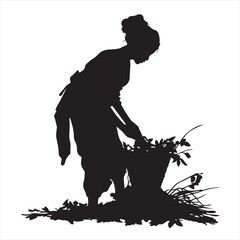 Woman Silhouette Harvesting Fresh Vegetables in Garden – Vector Illustration