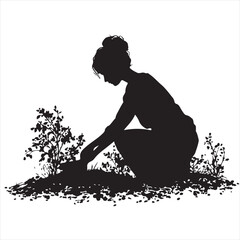 Black Silhouette of a Woman Gardening and Planting in the Garden – Vector Illustration