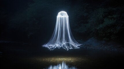 Ethereal waterfall of light suspended in darkness creates a mystical and enchanting spectacle
