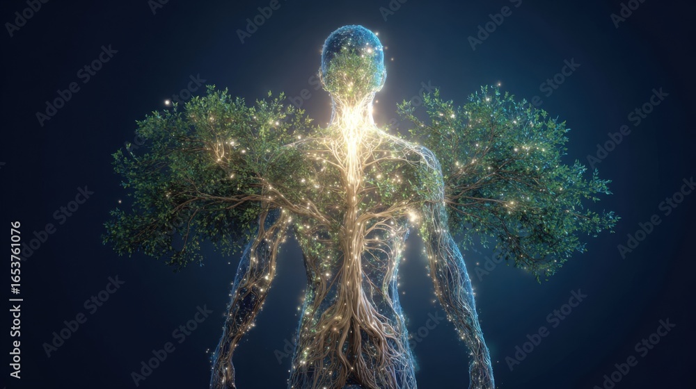 Poster a glowing human figure merges with tree branches and roots, representing a connection to nature. the