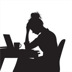 Black Silhouette of a Female Worker in Burnout Pose – Vector Illustration