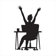 Black Silhouette of a Woman Stretching in Front of Her Workstation – Vector Illustration