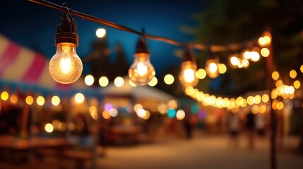 Decorative outdoor string lights glowing at night with blurred party guests in the background, festive atmosphere for Christmas, holiday celebrations, weddings, and seasonal gatherings concept