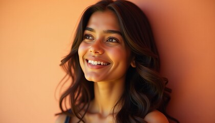 Naklejka premium Radiant Woman Portrait Loose Wavy Hair Soft Focus Warm and Inviting Atmosphere Gentle Smile