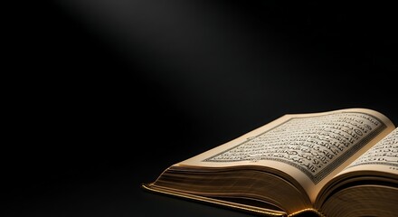 Open Quran illuminated by soft light, evoking reflection and spirituality, perfect for design.