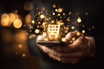 Hands holding phone with glowing shopping cart icon