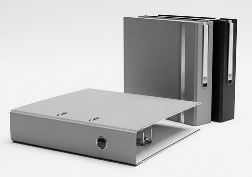 Two light gray ring binders and two dark binders standing upright on a white background