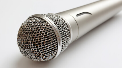 Professional microphone with XLR connection isolated on white, showcasing studio lighting details.