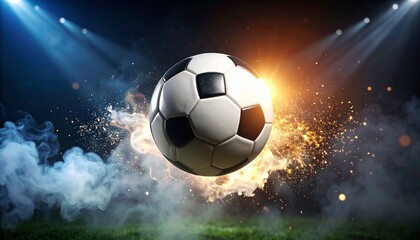 Naklejka premium Soccer Ball with Fire and Smoke Effects on a Stadium Field with Dramatic Lighting.