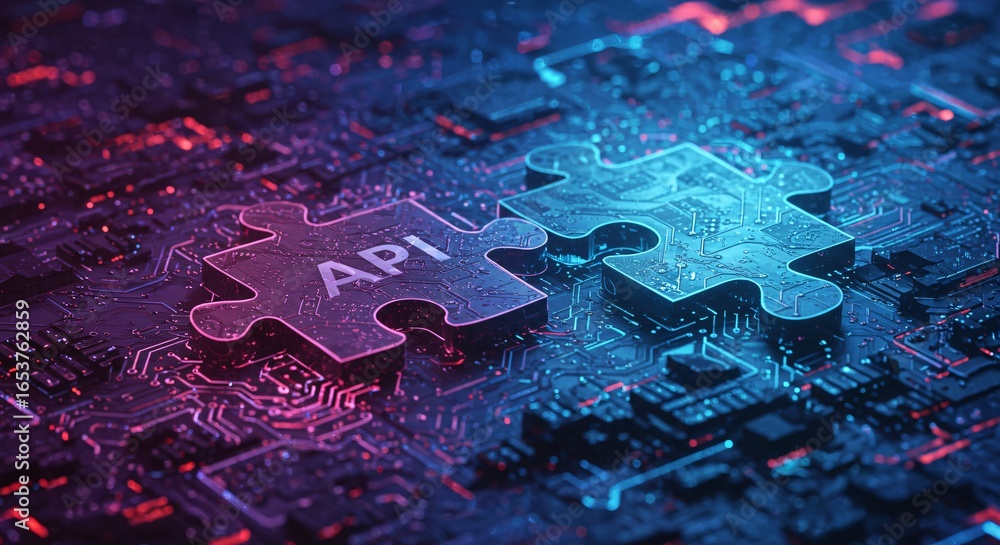 Fototapete two interlocking puzzle pieces digitally represent api integration, set against a futuristic tech-in