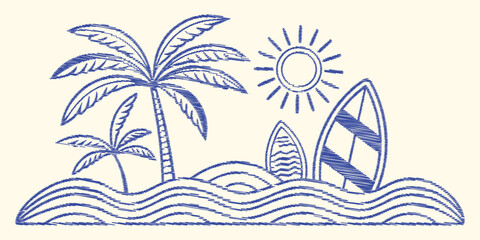 Obraz premium Summer Surfing. Beach Vacation. A hand drawn vector illustration with a vintage stamp texture of surfboards and palm trees for a surf school flyer, a travel poster, or a lifestyle brand.