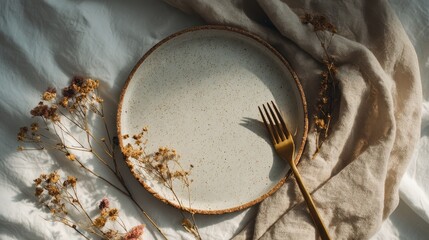 Fototapeta premium Minimal dining background flatlay with speckled ceramic plate dried flowers and gold fork on beige linen, clean white surface with generous copyspace