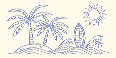 Tropical Beach. Surfing. A minimal hand drawn vector illustration with a grunge stamp texture of a surfboard, palm trees, and ocean waves for a surf shop logo or a summer t-shirt design.