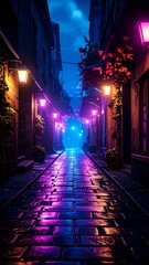 Fototapeta premium Night alleyway, vibrant colors