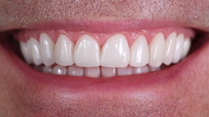 Obraz premium In this close-up view, a bright smile reveals well-aligned, white teeth during a dental care session. The setting indicates a focus on oral health and aesthetics.