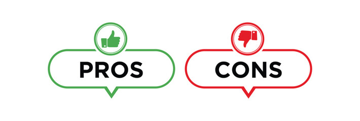 Vector art of pros and cons comparison with thumbs up and thumbs down icons.