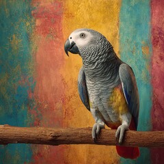 Fototapeta premium Intelligent African grey parrot perched on a branch against a vibrant, colorful backdrop.