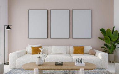 Three photo frame mockups contemporary living room interior with a comfortable sofa, stylish furniture, and a modern lamp creating a luxurious and inviting home atmosphere, 3d render