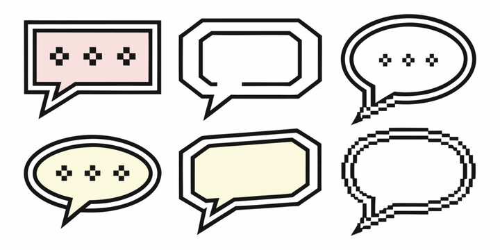 Pixel Art Speech Bubble Icon Set. A collection of 8-bit retro video game dialog box graphic elements for chat UI design, comic text frames, and game assets. - Powered by Adobe