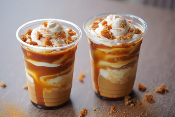 Two delicious caramel iced coffees with whipped cream and toppings