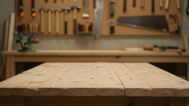 A woodworking shop features a wooden workbench with tools hanging on a pegboard wall behind it