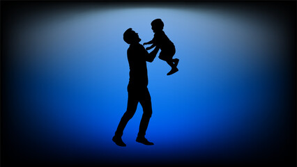 A touching silhouette of a father joyfully lifting his child against a dramatic blue spotlight background
