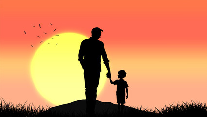 A touching silhouette of a father and son holding hands while walking together at sunset, symbolizing love, guidance, and the bond between generations in a peaceful natural setting