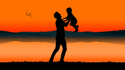 A heartwarming sunset silhouette of a father lifting his child in a natural setting, surrounded by grass and birds in flight