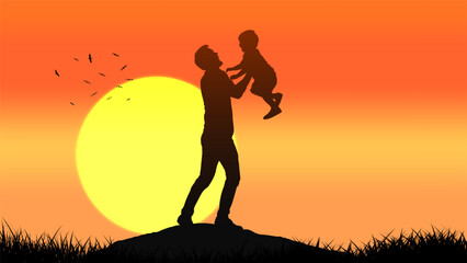 A heartwarming sunset silhouette of a father lifting his child in a natural setting, surrounded by grass and birds in flight