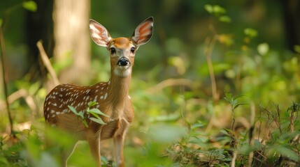 Forest fawn, alert gaze, dappled sunlight, verdant undergrowth