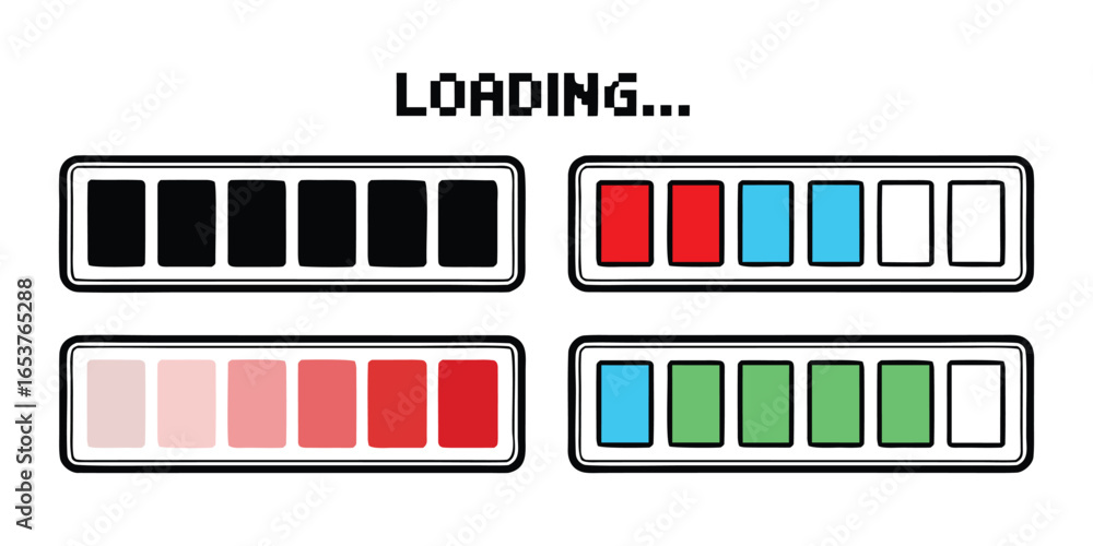 Aufkleber set of 8-bit pixel art loading bars vector. retro video game style progress and status bar ui elemen