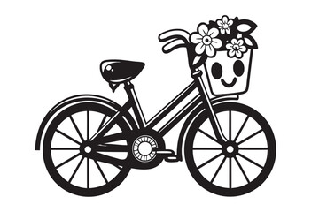 Black Bicycle with Flower Basket, Smiling Design on White Background