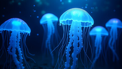 A School of Glowing Blue Jellyfish Pulsating and Drifting in the Deep Dark Ocean water marine