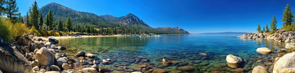 Obraz premium Lake Tahoe Panorama. Mountain Landscape with Boulder Rock on the Shore