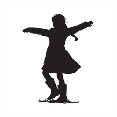Black Silhouette of a Girl Wearing Winter Jacket and Boots Standing with Arms Free – Vector Illustration