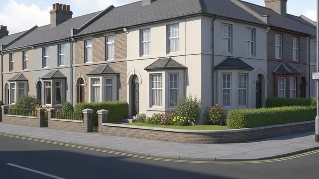 Row of traditional English terraced houses on a suburban street corner. Realistic 3D rendering of a residential neighborhood.