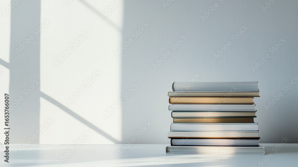 Poster stack of books near window in minimalist indoor setting