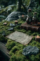 Naklejka premium Mystical forest scene with ancient map, potion bottles, and candles